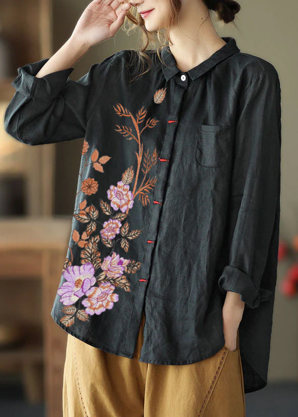 Rose Patchwork Linen Shirt Peter Pan Collar Embroideried Spring