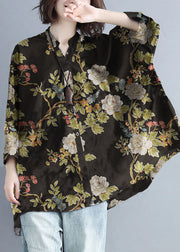 Plus Size Green-geometry Stand Collar Oversized Print Chiffon Top Batwing Sleeve