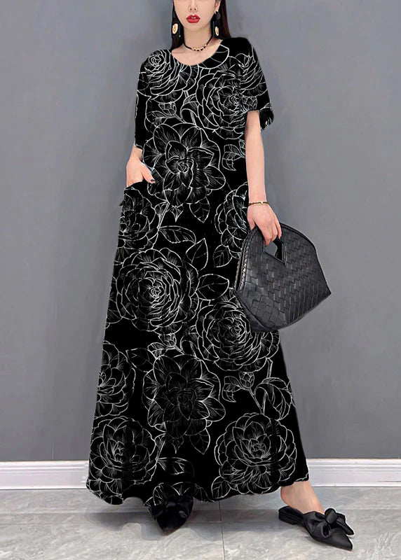 Beautiful Black O-Neck Print Pockets Long Dresses Short Sleeve