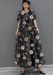 loose black-flower O-Neck Print Satin Maxi Dress Summer