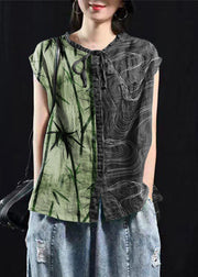 Organic Blackish Green Patchwork Ruffled Top Short Sleeve