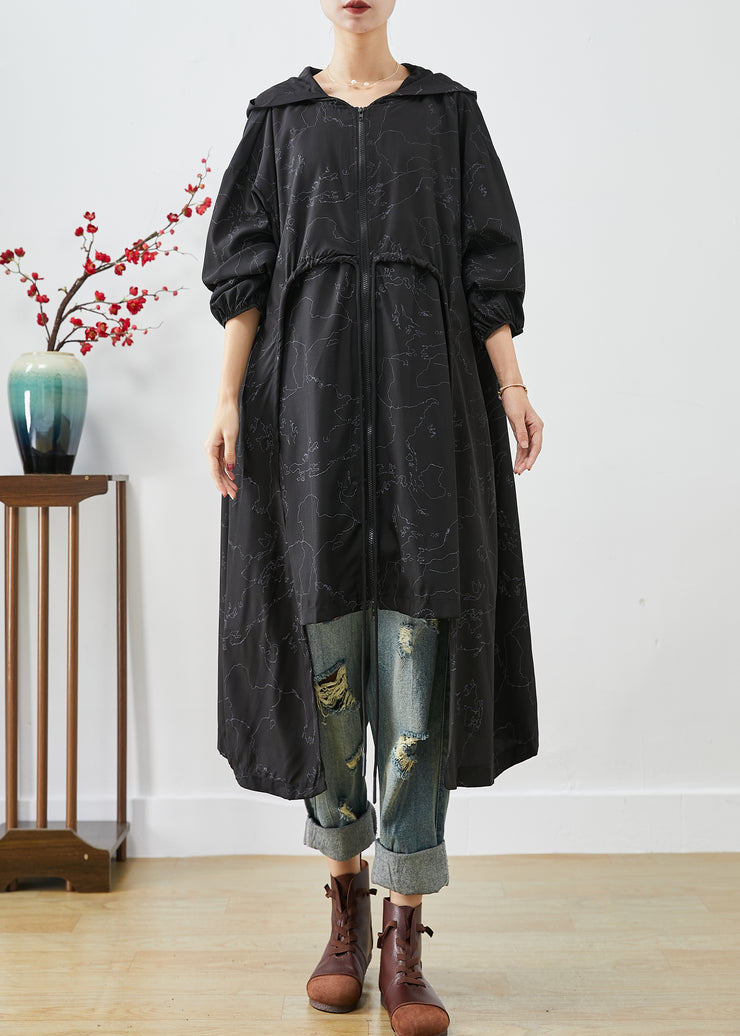 Stylish Black Asymmetrical Oversized Print Drawstring Trench Coats Fall