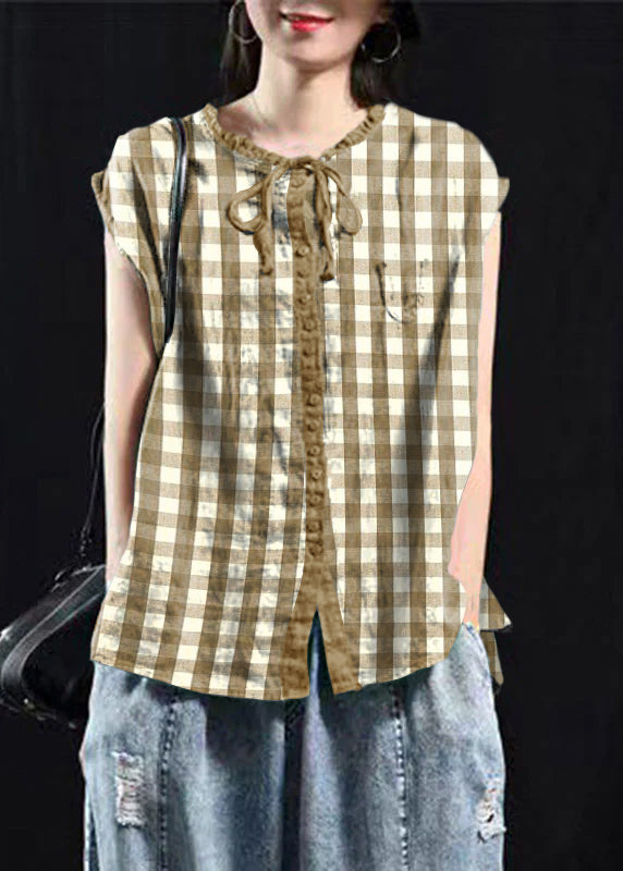 Organic Blackish Yellow plaid Patchwork Ruffled Top Short Sleeve