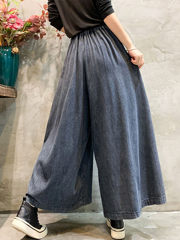 Color-Block Bandage Embroidered Wide Leg Denim Pants