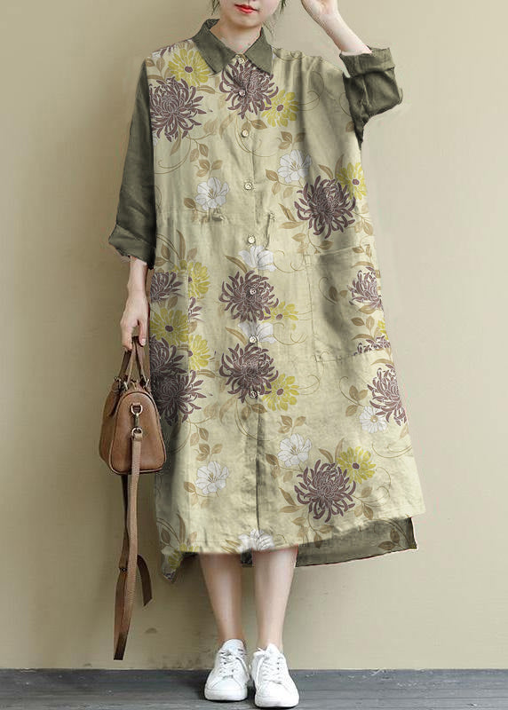 green plaid Linen Shirt Dress Casual Oversize Spring Maxi Dresses