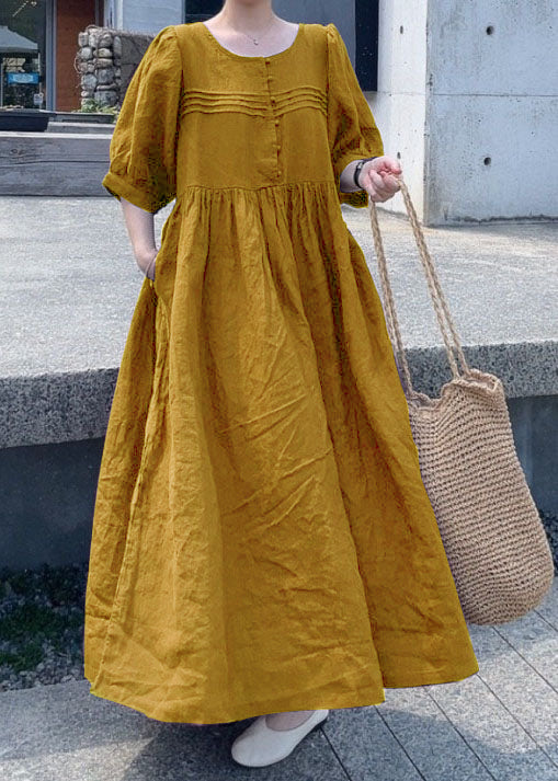 Orange Patchwork Linen Dress O Neck Wrinkled Short Sleeve