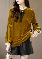 Women Yellow Ruffled Patchwork Velour Shirt Top Spring