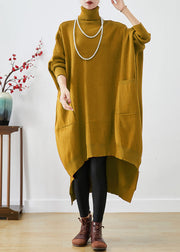 Yellow Oversized Knit Sweater Dress Turtle Neck Asymmetrical Batwing Sleeve