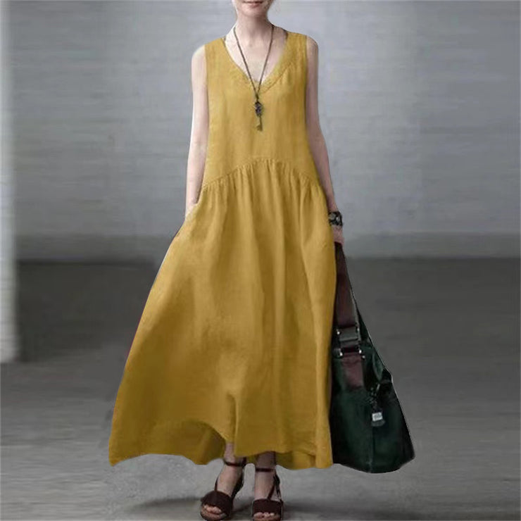 Dark green Simple and Loose V-neck Cotton and Linen Dress