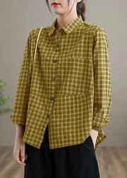 Loose Lapel Patchwork Spring Blouse Sleeve Yellow Plaid Top