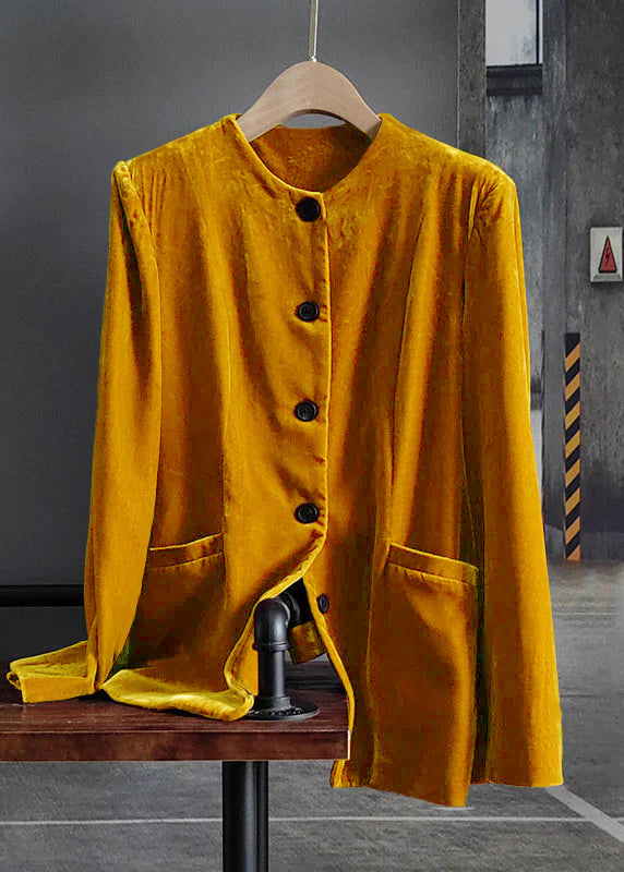 Fashion Green O-Neck Button Patchwork Silk Velour Coats Spring