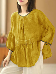 Handmade light yellow O Neck Print Wrinkled Patchwork Cotton Top Summer