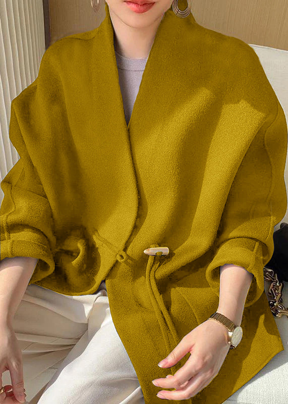 Italian Yellow Oversized Pockets Tassel Woolen Coat Winter