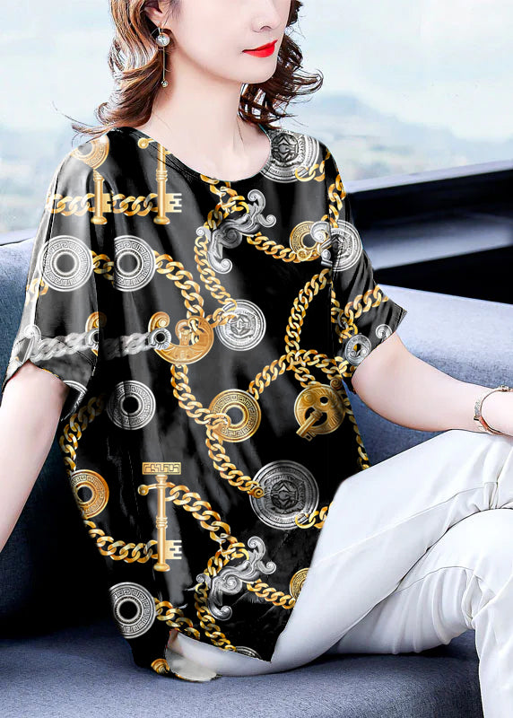 Elegant Yellow V Neck Original Design Print Side Open Silk Top Short Sleeve