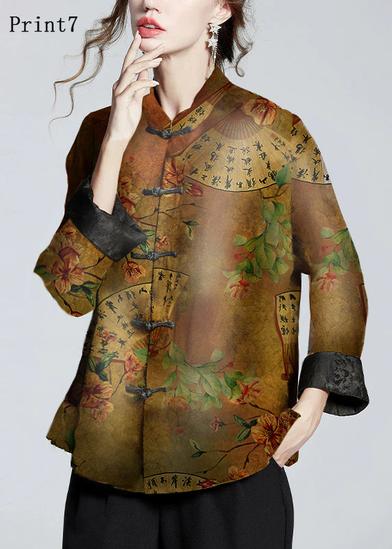 Chinese Style Print6 Stand Collar Button Print Silk Coats Long Sleeve