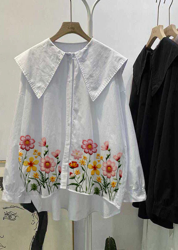 Bohemian white-lotus Peter Pan Collar Button asymmetrical design Fall Long sleeve Top