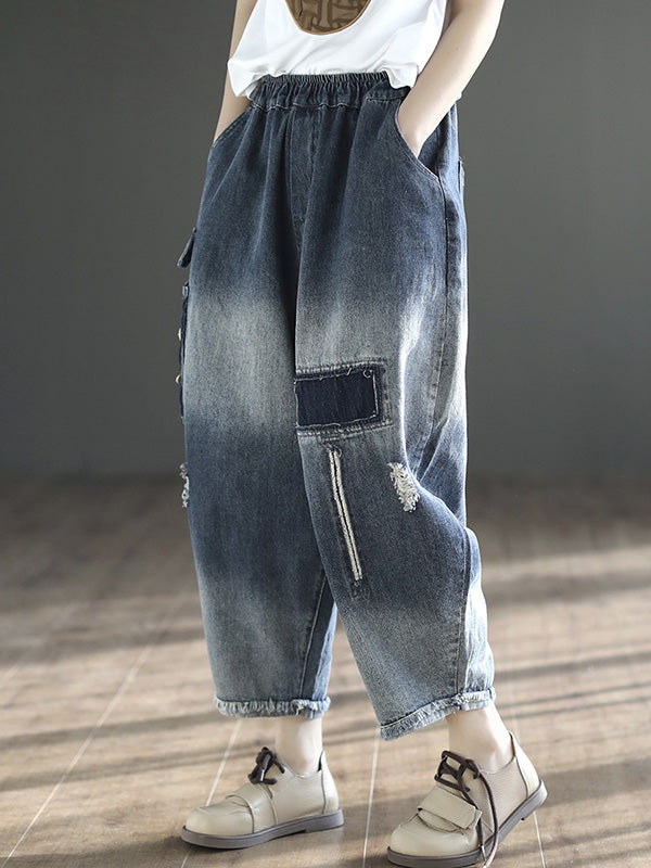 Vintage Hollow Elasticity Applique Denim Ninth Pants