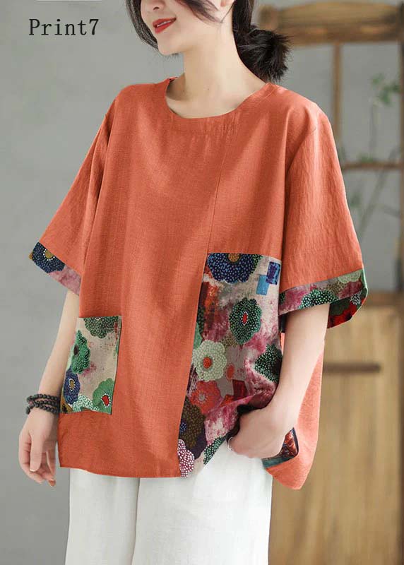 Women Print2  O Neck Print Patchwork Linen T Shirt Top Summer