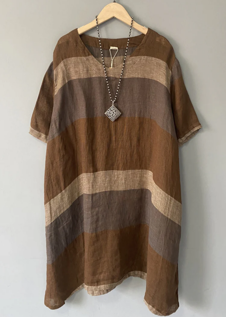 Coffee Striped Linen Mid Dress V Neck Short Sleeve