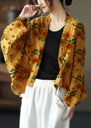 Fine Yellow-orange flower Bat wing Sleeve Pockets Coat Short