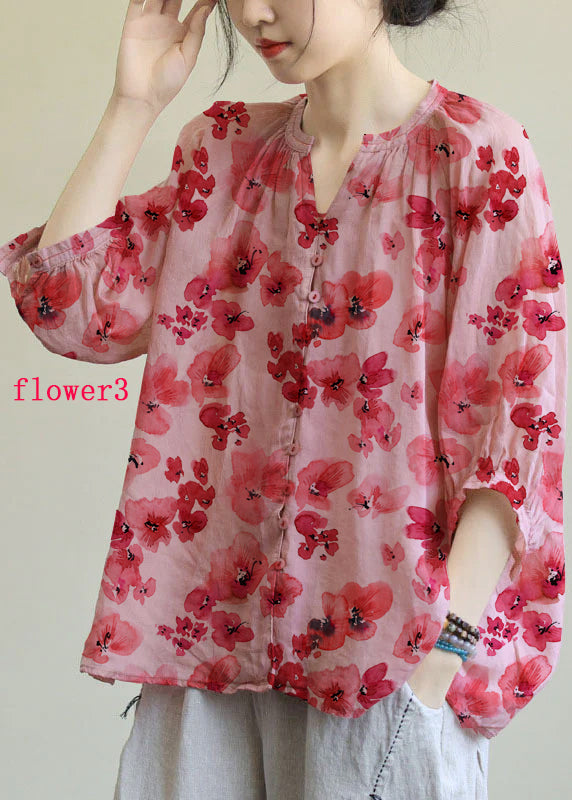 Italian Pink-orange flower V Neck Button Loose Fall Half Sleeve Blouse Top