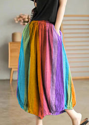 Color Stripes Elastic Waist Linen Wide Leg Pants