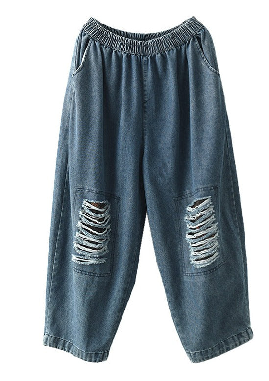 Loose Hollow Elasticity Denim Harem Pants