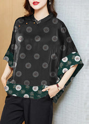 Vintage green polka dots Mandarin Collar Asymmetrical Patchwork Jacquard Silk Shirts Batwing Sleeve