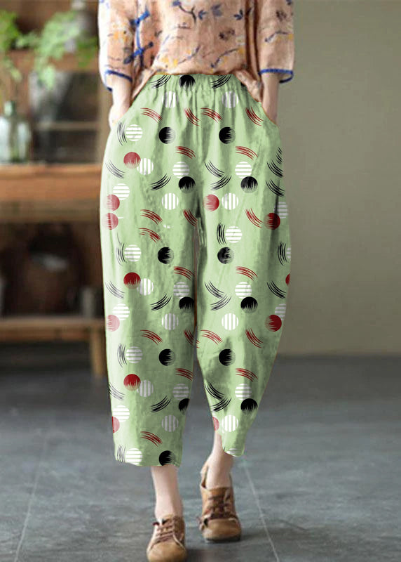 Natural Yellow Stitching Flowers Elastic Waist Summer Linen Harem Pants