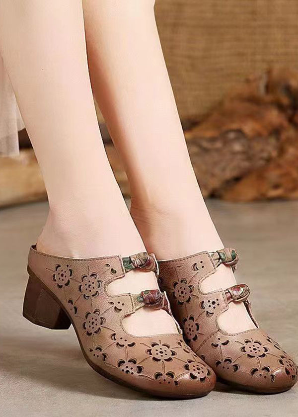 Brown High Heels Chunky Cowhide Leather Vintage Hollow Out High Heels