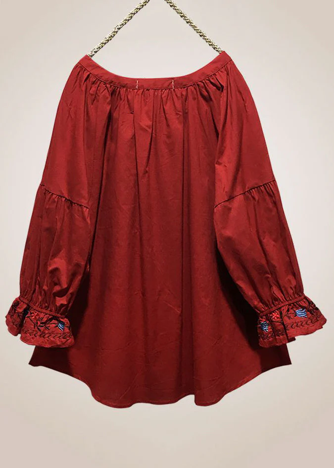 Grace Red Embroidered Lace Up Cotton Shirt Long Sleeve