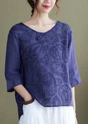 DIY purple crane Embroidered side open Half Sleeve Top