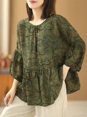 Handmade Green-texture O Neck Print Wrinkled Patchwork Cotton Top Summer