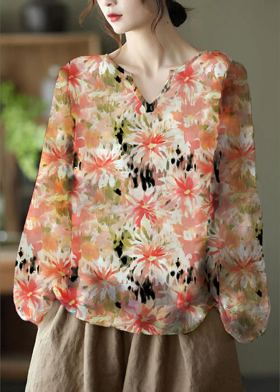 Handgemachte Apricot V-Ausschnitt Casual Floral Herbstbluse Langarm