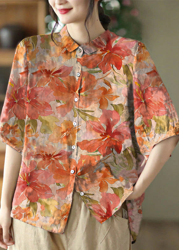 Orange flower Linen Shirt Top Button Peter Pan Collar Half Sleeve