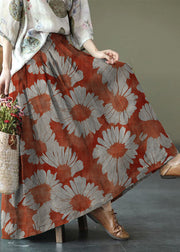 Women orange red Print Ramie Elastic Waist Skirt