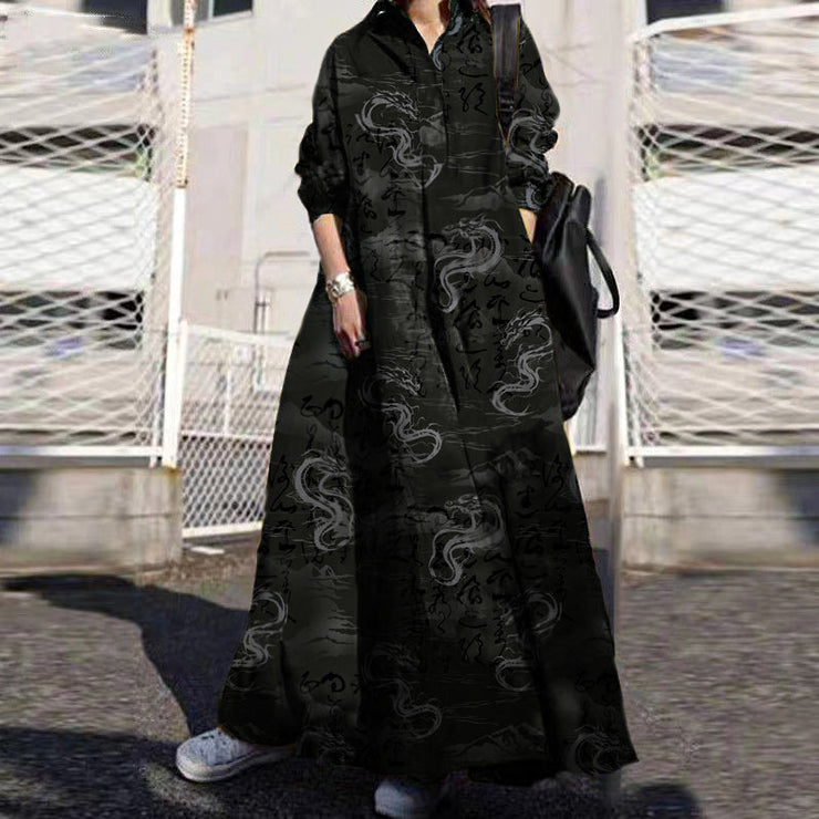 Women Green Flower Print Lapel Bohemian Loose Long Sleeve Maxi Shirt Dress With Pocket