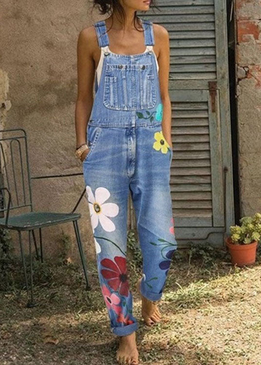 Boho Sunflower Print Denim Jumpsuit