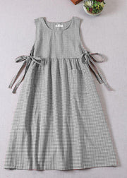 Natural Grey Cinched Plaid Party Dress Spring