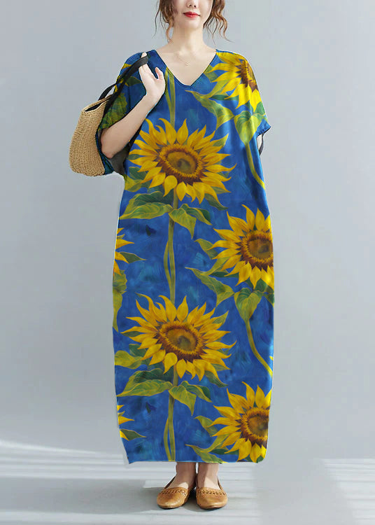 Loose Yellow stripes V Neck Oversized Leaf Print Chiffon Long Dress Short Sleeve