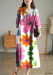 White Print8 Loose Linen Long Dresses Button Solid Half Sleeve