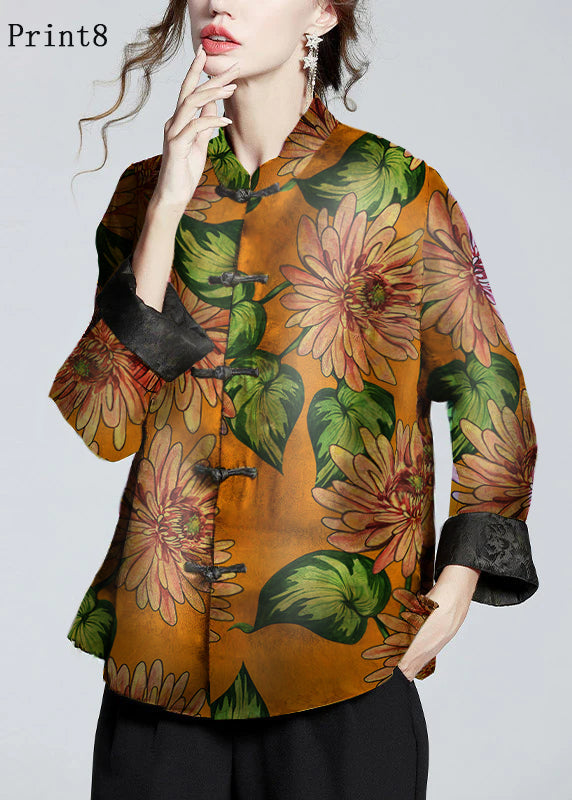 Chinese Style Print7 Stand Collar Button Print Silk Coats Long Sleeve