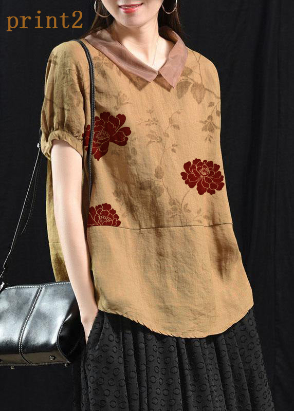 Bohemian Khaki Patchwork Umlegekragen Sommer Kurzarm Top