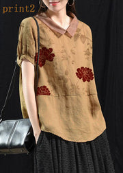 Bohemian Khaki-red flower Patchwork Turn-down Collar Summer Short Sleeve Top