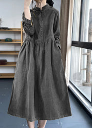 Black Button Pockets Corduroy Dresses Winter