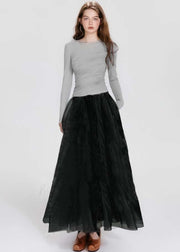 French Black O-Neck Asymmetrical Wrinkled Maxi Dresses Fall