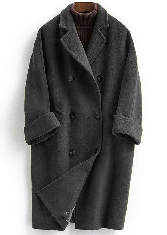 Woolen Coat trendy plus size long double breast women Black coats Notched