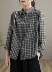 Loose Lapel Patchwork Spring Blouse Sleeve Yellow Plaid Top