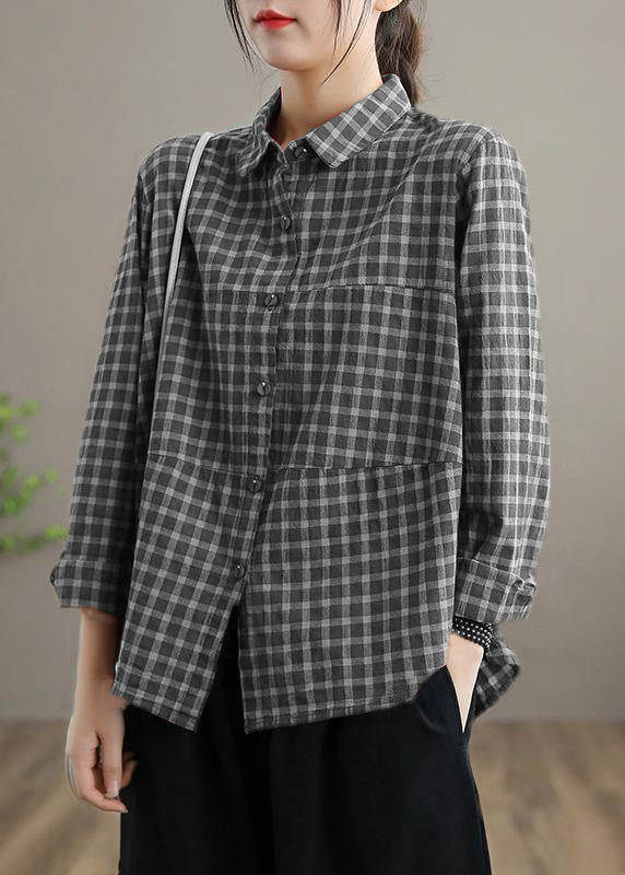 Loose Lapel Patchwork Spring Blouse Sleeve Red Plaid Top