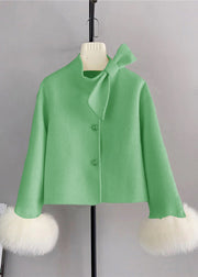 New Green Wool Bow Button Fox Hair Cuff Short Coat Winter